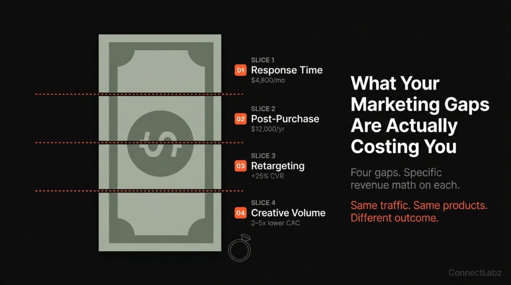 Jewelry brand marketing revenue loss split across four marketing gaps — response time, post-purchase follow-up, retargeting, and creative volume — each with specific dollar impact