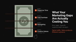 Jewelry brand marketing revenue loss split across four marketing gaps — response time, post-purchase follow-up, retargeting, and creative volume — each with specific dollar impact