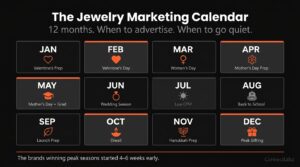 Jewelry marketing calendar with seasonal gifting events by month — 12 month grid showing Valentine's Day, Women's Day, Mother's Day, graduation, wedding season, back to school, Diwali, Hanukkah, and December peak gifting