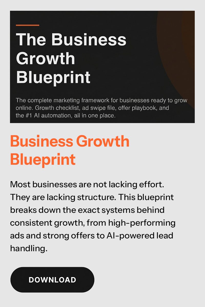Card titled Business Growth Blueprint with a description that presents it as a complete marketing framework for businesses ready to grow online, highlighting structured systems including ads, offers, and AI, and emphasizing outcomes like more leads, better conversions, and scalable growth. download button present