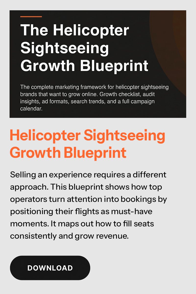 Card titled Helicopter Sightseeing Growth Blueprint with a description explaining a marketing framework for sightseeing operators that focuses on using high-impact creatives, booking psychology, and seasonal campaigns to increase bookings, fill seats, and grow revenue. download button present