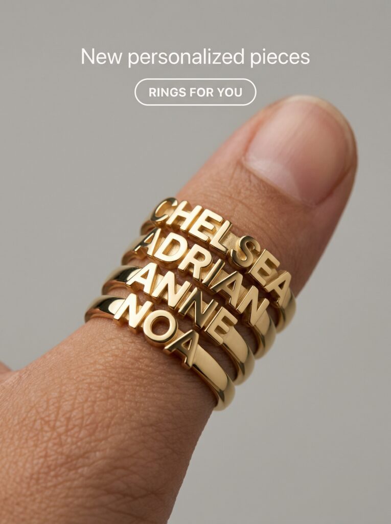A finger wearing multiple rings with different names on each ring to depict personalization
