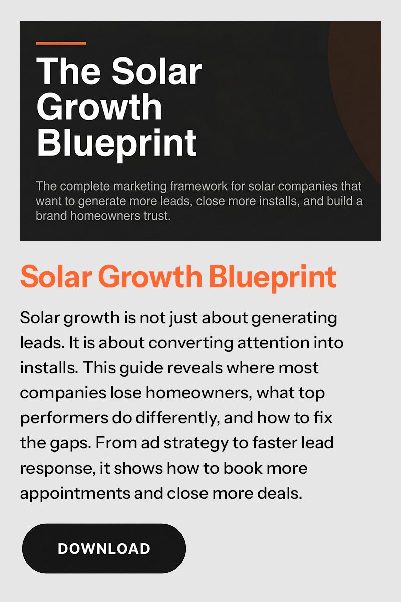 Card titled Solar Growth Blueprint with a description explaining a marketing framework for solar companies that focuses on generating more leads, improving response speed, fixing funnel drop-offs, and converting homeowners into booked consultations and completed solar installations. download button present