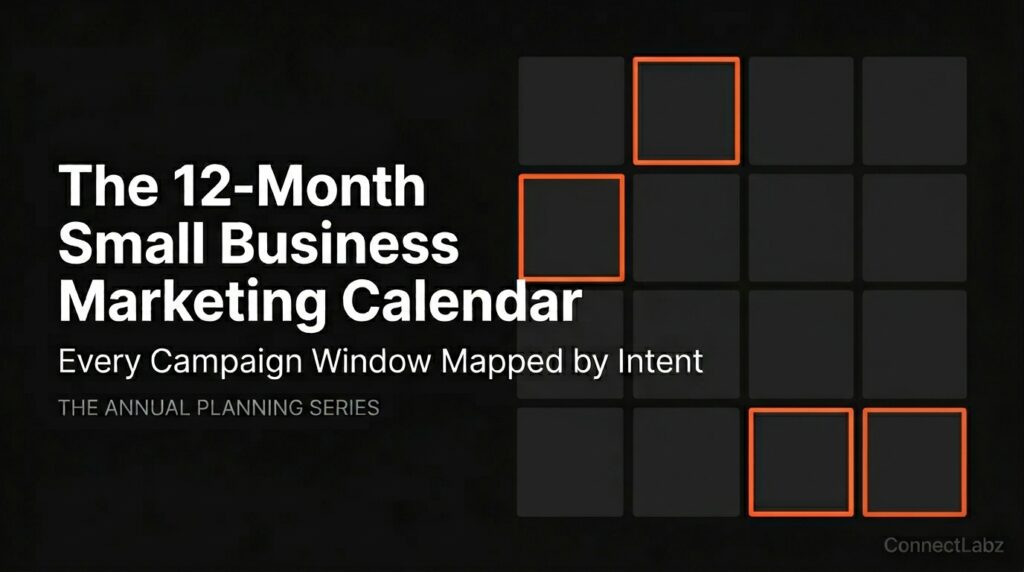 A 12-month small business marketing calendar grid with seasonal peaks highlighted in brand orange on a black background.