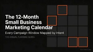 A 12-month small business marketing calendar grid with seasonal peaks highlighted in brand orange on a black background.