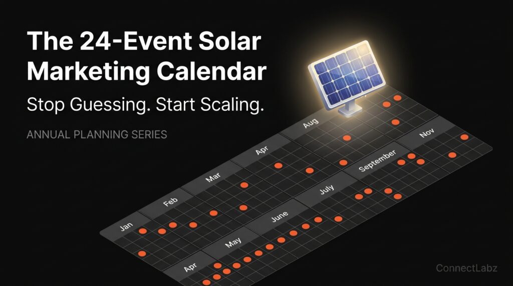 An isometric 12-month calendar grid with 24 orange campaign markers on a black background, representing the complete annual solar marketing plan.