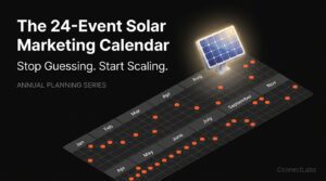 An isometric 12-month calendar grid with 24 orange campaign markers on a black background, representing the complete annual solar marketing plan.