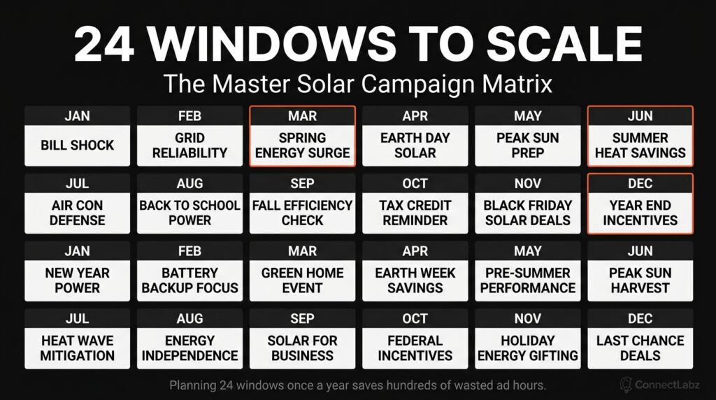 A 4x6 grid showing 24 specific solar marketing campaign windows throughout the year, with peak windows in March, June, and December highlighted in brand orange.