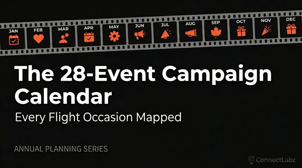 A visual filmstrip calendar showing 12 months of helicopter marketing campaigns, with 28 specific event icons highlighted in brand orange against a black background.