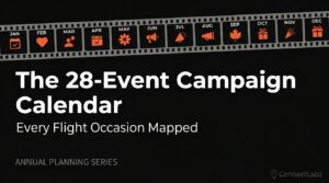 A visual filmstrip calendar showing 12 months of helicopter marketing campaigns, with 28 specific event icons highlighted in brand orange against a black background.