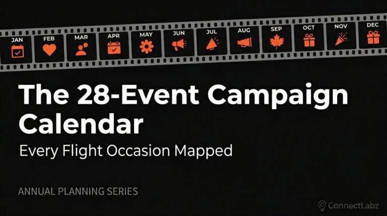 A visual filmstrip calendar showing 12 months of helicopter marketing campaigns, with 28 specific event icons highlighted in brand orange against a black background.