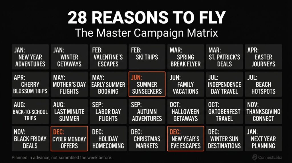 A dense 4x7 grid layout mapping 28 specific helicopter campaign events by month, including Valentine's, Father's Day, and Proposal Peak, with top windows highlighted in orange.