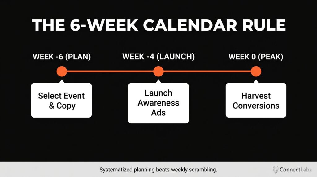 A horizontal timeline mapping the 6-week planning rule for helicopter campaigns, from planning and copy selection at week 6 to harvesting conversions during the peak week.
