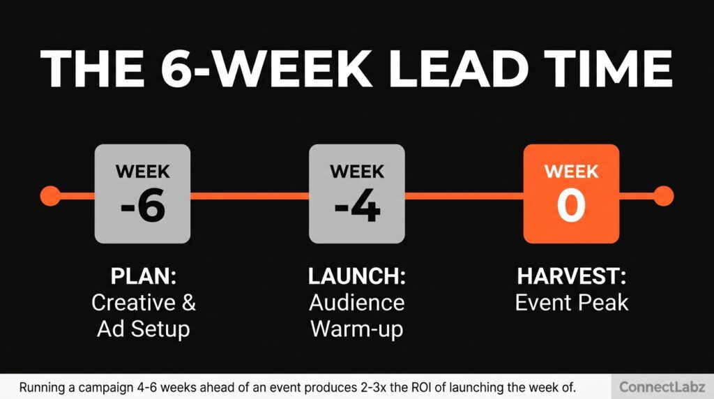 Horizontal timeline showing the 6-week planning rule for small business marketing campaigns, from creative setup to event peak.