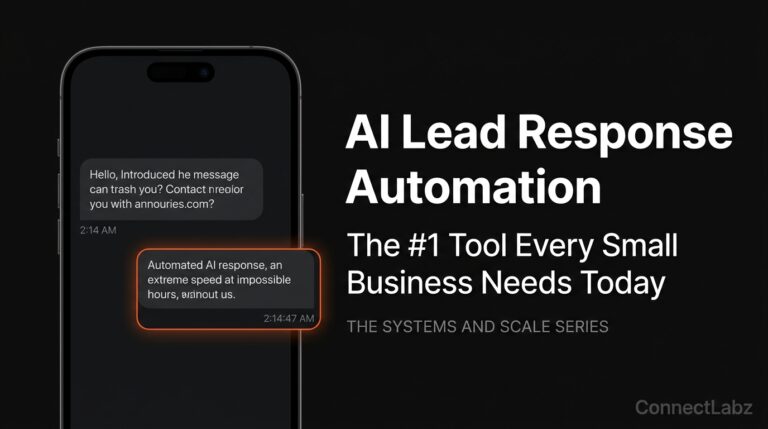 A dark-mode smartphone UI showing a lead inquiry at 2:14 AM and an instant AI lead response automation reply 47 seconds later in brand orange.