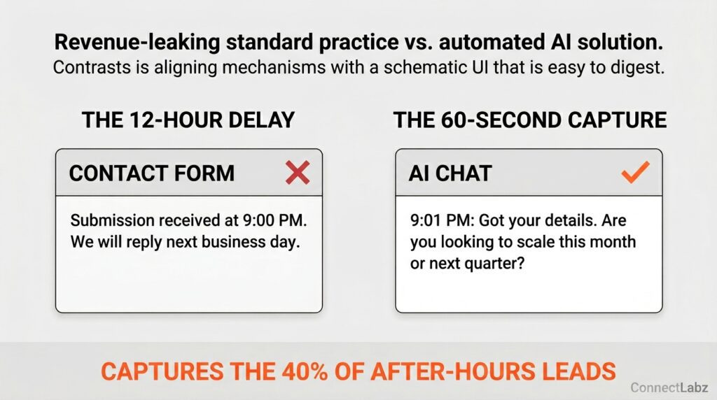 Side-by-side comparison of a standard contact form causing a 12-hour delay versus an AI chat capturing a lead in 60 seconds after hours.