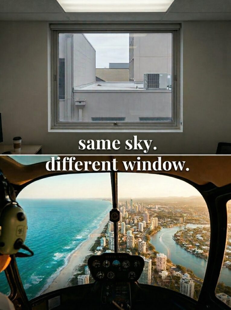 An ad card mockup for helicopter sightseeing on a cream background with the headline Same Sky. Different Window. This unaware-stage ad targets cold scrollers with an emotional pattern-interrupt hook.