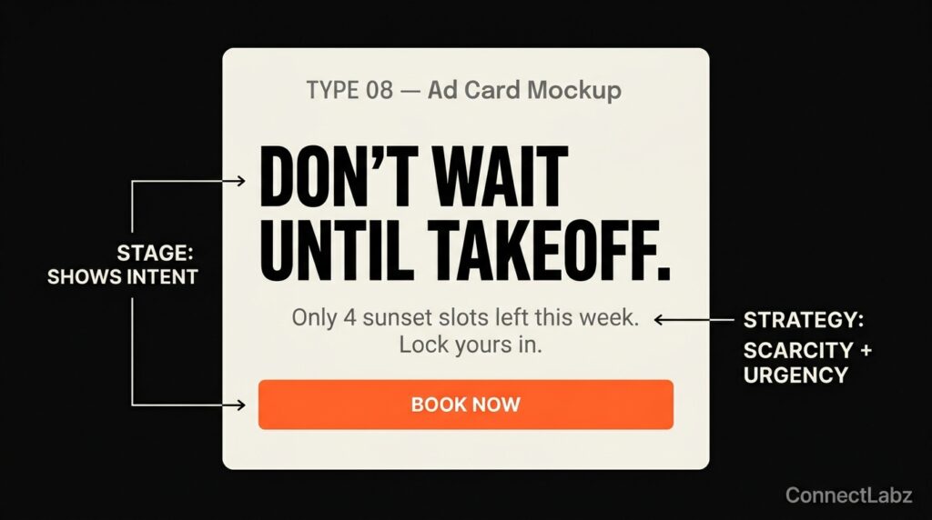 An ad card mockup on a cream background with the headline Don't Wait Until Takeoff. It uses scarcity messaging about '4 sunset slots left' to drive bookings from interested leads.
