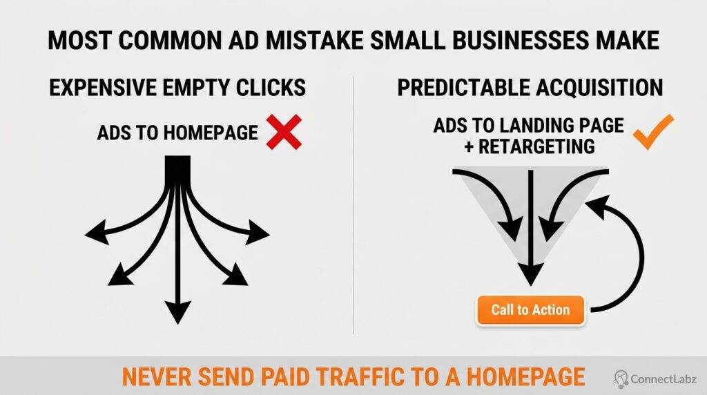 Side-by-side strategy comparison of sending paid ad traffic to a generic homepage versus a dedicated landing page with a retargeting loop.