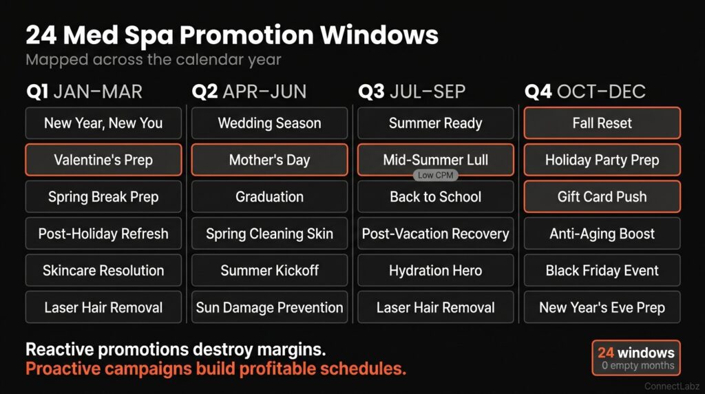 Med spa campaign calendar showing 24 promotion windows mapped across all four quarters — Q1 through Q4 with key events including Valentine's Day, Mother's Day, graduation, summer lull brand awareness, fall reset, holiday party prep, and December gift card push
