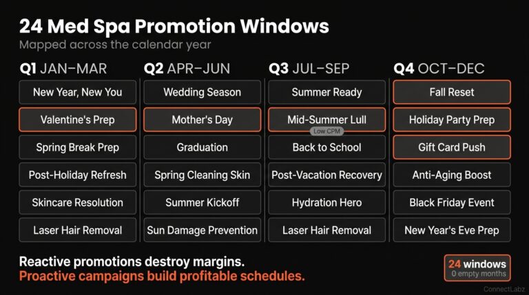Med spa campaign calendar showing 24 promotion windows mapped across all four quarters — Q1 through Q4 with key events including Valentine's Day, Mother's Day, graduation, summer lull brand awareness, fall reset, holiday party prep, and December gift card push