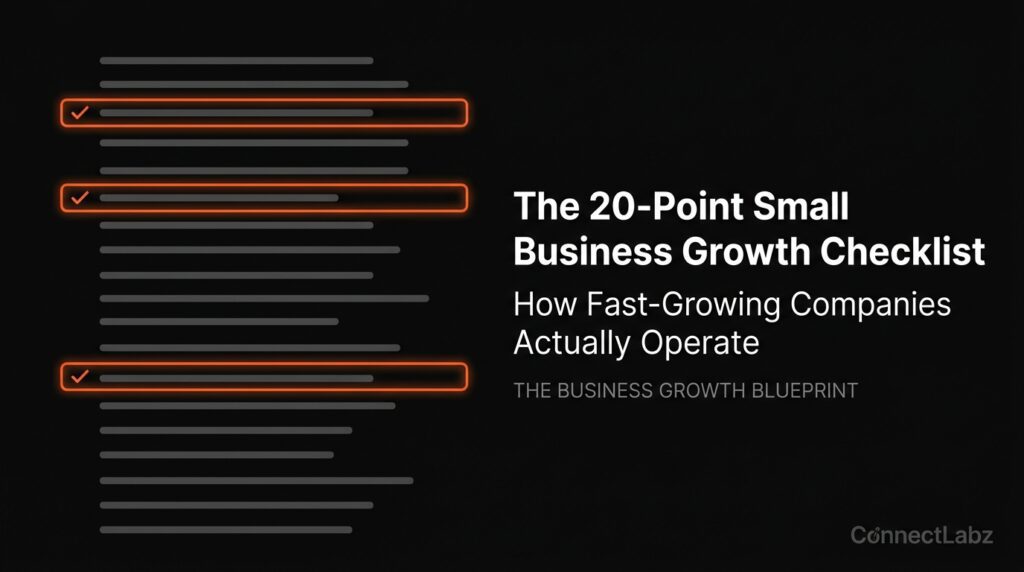Digital 20-point checklist graphic for small business growth, with three key foundational moves highlighted in brand orange against a solid black background.