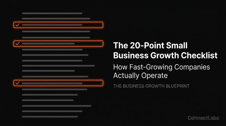 Digital 20-point checklist graphic for small business growth, with three key foundational moves highlighted in brand orange against a solid black background.