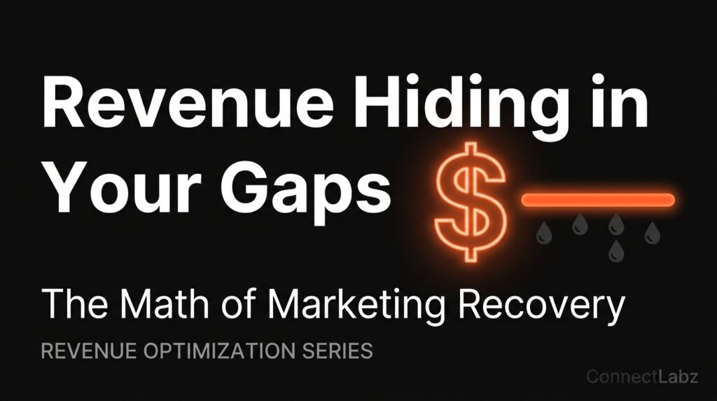 A glowing brand orange dollar sign beside grey drip icons being stopped by an orange bar on a black background, titled Revenue Hiding in Your Gaps.