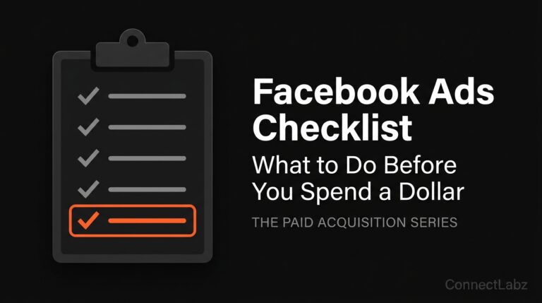 Facebook ads launch checklist for small businesses showing a 5-step pre-launch process completed in brand orange on a black background.