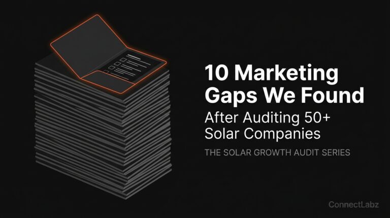 Stack of 50 folders representing a solar company marketing audit of 50+ firms. The top folder is highlighted in brand orange to show revealed marketing gaps and revenue leaks.