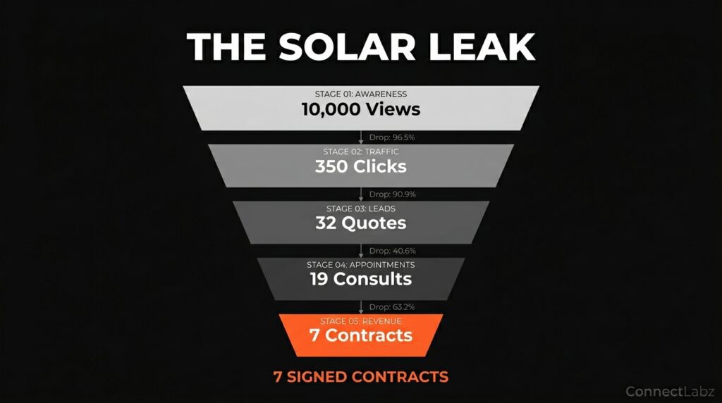 A vertical funnel diagram showing the conversion stages for solar leads. It starts with 10,000 ad views at the top and narrows down to 7 signed contracts at the orange bottom stage, marking key drop-offs in clicks and quote requests.