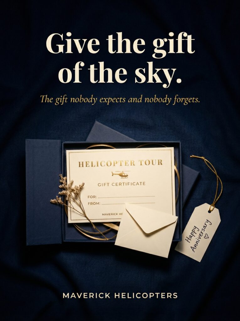 A Problem-Aware stage ad card for helicopter tours on a cream background. The headline is Give the Gift of the Sky, positioning the tour as a solution for those looking for a unique, unforgettable gift.