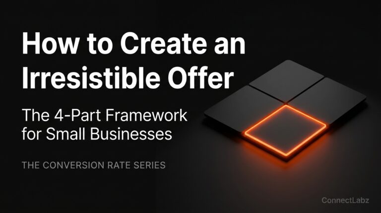 Dark minimalist graphic of a 4-part irresistible offer framework card with the risk-removal section highlighted in brand orange, titled How to Create an Irresistible Offer.