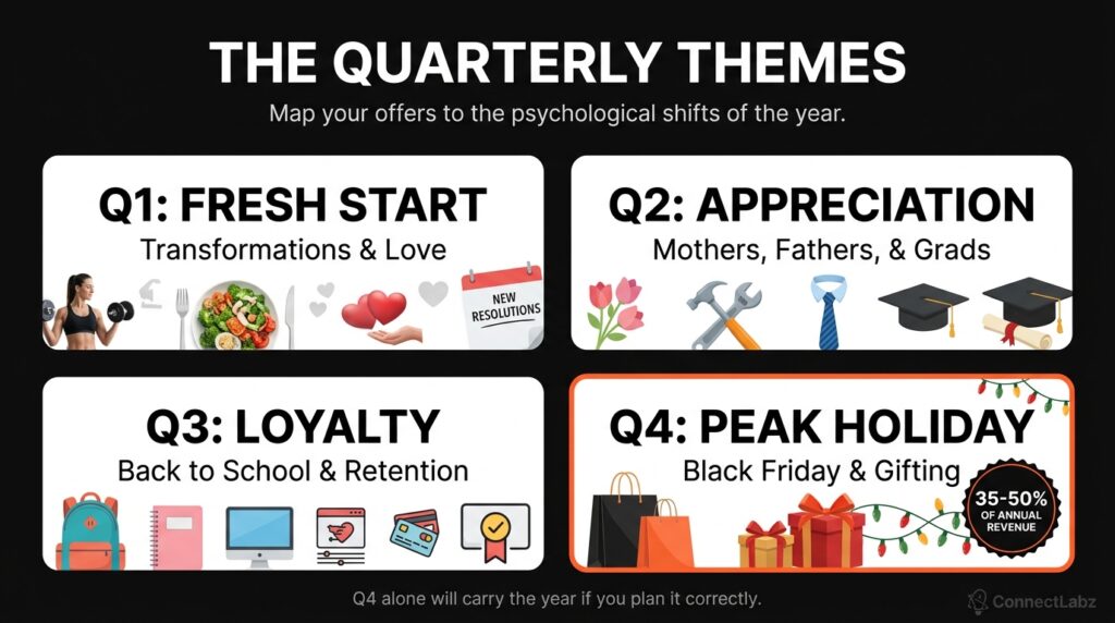 A 2x2 grid breaking down the small business marketing calendar into quarterly themes: Fresh Start, Appreciation, Loyalty, and Peak Holiday.