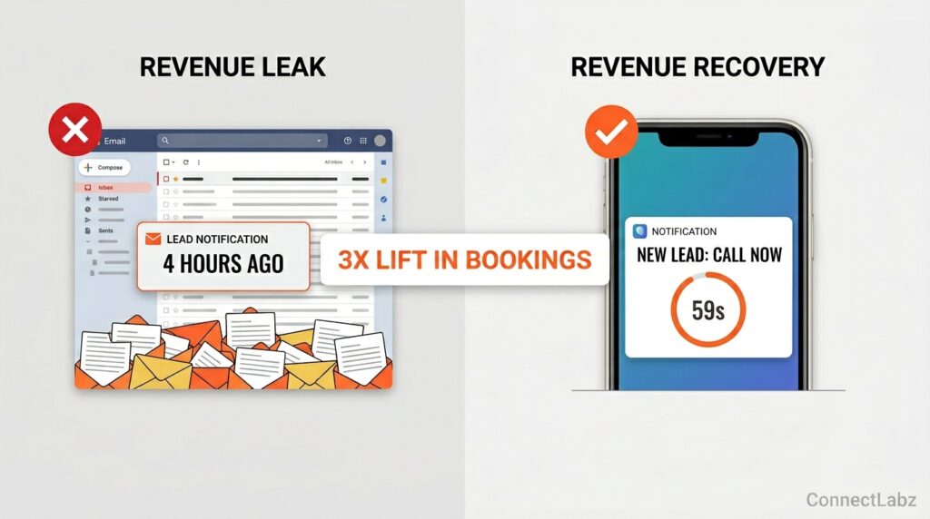 Side-by-side comparison of a slow email-based solar lead response system versus a fast automated mobile alert system, showing a 3x lift in booked appointments.