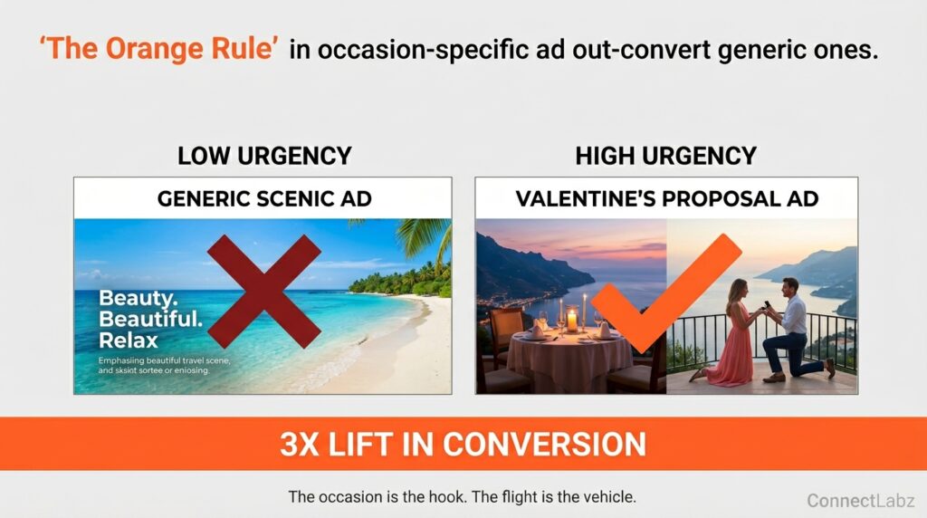 Side-by-side comparison of a generic helicopter scenic ad versus a specific Valentine's Day proposal ad, showing a 3x higher conversion rate for the occasion-based ad.