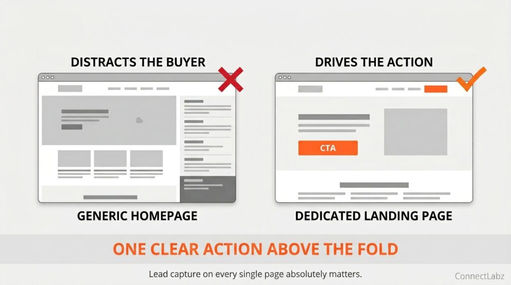 Comparison of a cluttered generic homepage versus a focused dedicated landing page with one clear orange call-to-action above the fold.