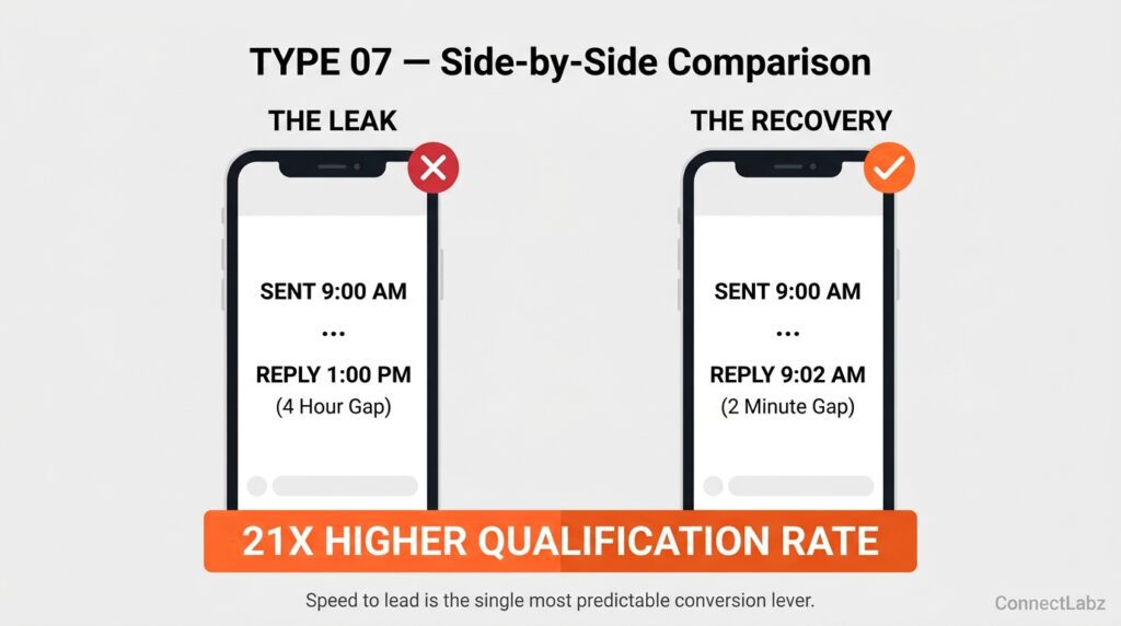 Side-by-side phone screen mockup showing a 4-hour late solar lead reply versus a 2-minute fast reply, highlighting the 21x higher qualification rate.