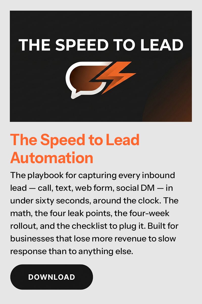 The playbook for capturing every inbound lead — call, text, web form, social DM — in under sixty seconds, around the clock. The math, the four leak points, the four-week rollout, and the checklist to plug it. Built for businesses that lose more revenue to slow response than to anything else.