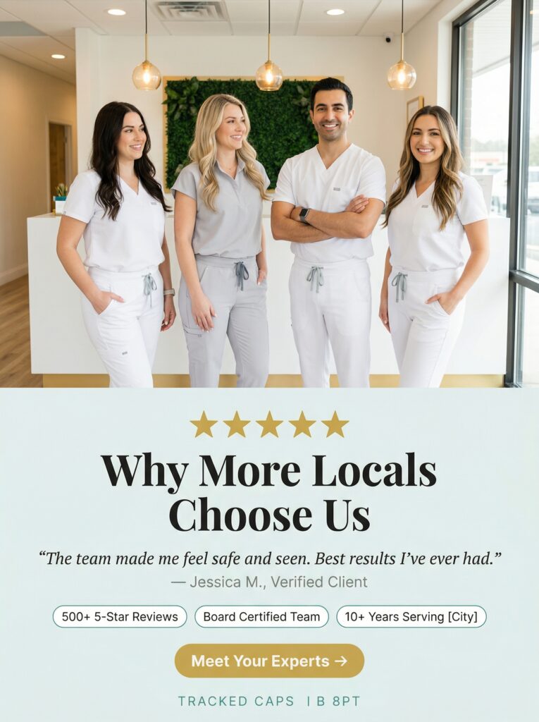 A Facebook ad showing a Medspa founder story and building trust with real human faces showing team work and bringing in new leads