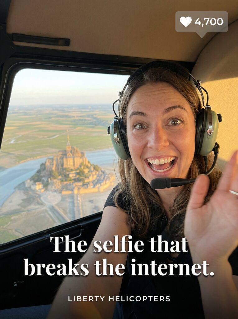 A high-urgency, most-aware ad card for helicopter tours on a cream background. The headline The Selfie That Breaks the Internet is paired with a scarcity hook about 'one sunset slot left.'