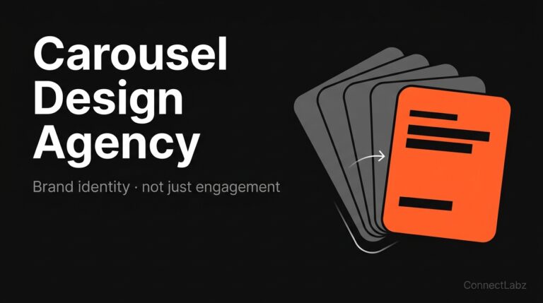 Dark hero graphic titled Carousel Design Agency showing a stylised carousel slide deck with brand identity elements and one slide accented in orange