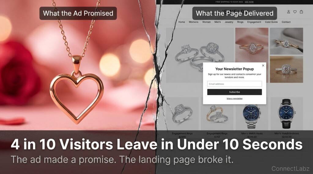 Jewelry ad versus landing page mismatch — warm emotional ad promise on the left, cluttered homepage on the right — 4 in 10 visitors leave in under 10 seconds