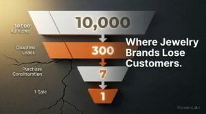 Jewelry ecommerce conversion funnel showing 10000 ad views narrowing to 300 clicks, 70 product interest, 7 sales, and 1 repeat buyer — illustrating revenue leaks at every stage
