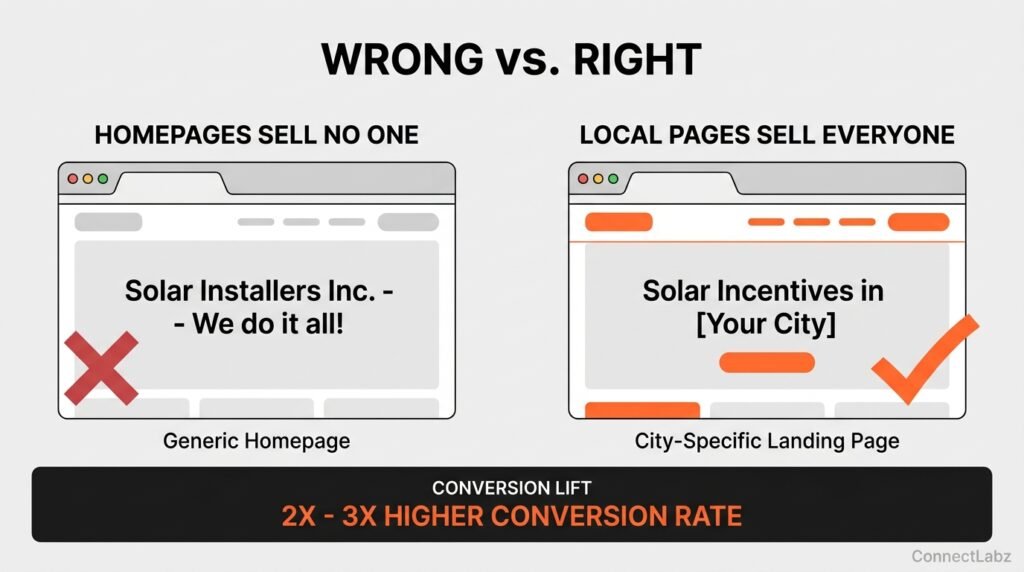 Side-by-side comparison of a generic solar homepage versus a city-specific landing page, showing a 2 to 3 times higher conversion rate for localized pages.