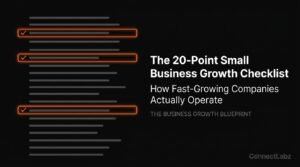 Digital 20-point checklist graphic for small business growth, with three key foundational moves highlighted in brand orange against a solid black background.