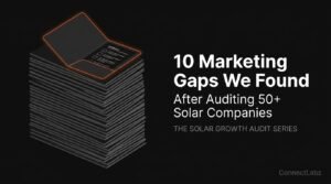 Stack of 50 folders representing a solar company marketing audit of 50+ firms. The top folder is highlighted in brand orange to show revealed marketing gaps and revenue leaks.